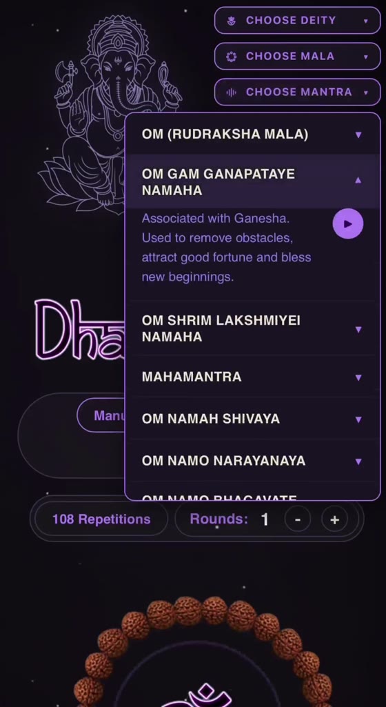 Mantra list with a description and a play button