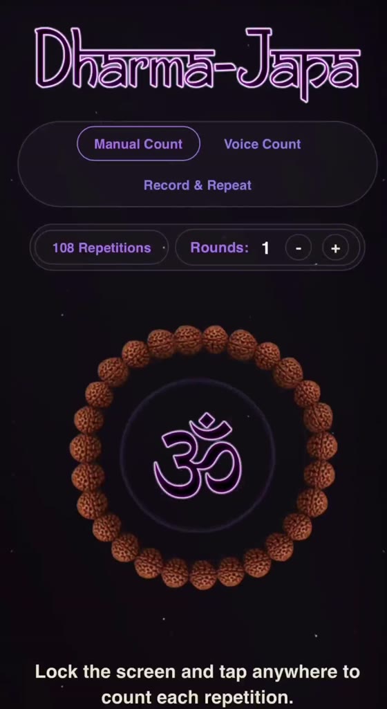 Manual Count screen with a rudraksha mala